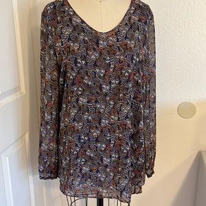 Cabi Women's Double layer Blue/Orange Printed Sheer Long Slv V-neck Blouse SZ L